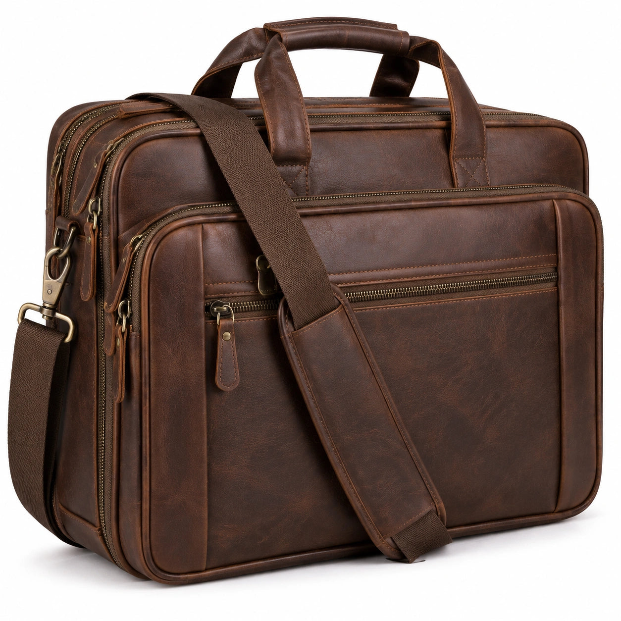 Aktentasche 42 cm Leder Braun mit Schultergurt und Reißverschluss