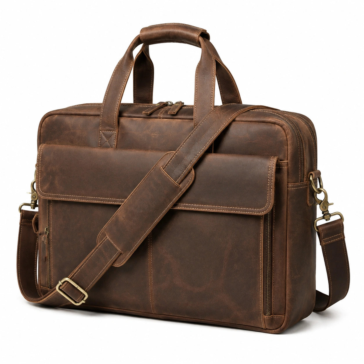 Laptoptasche 42 x 12 x 32 cm aus braunem Leder mit Schultergurt im Vintage-Stil
