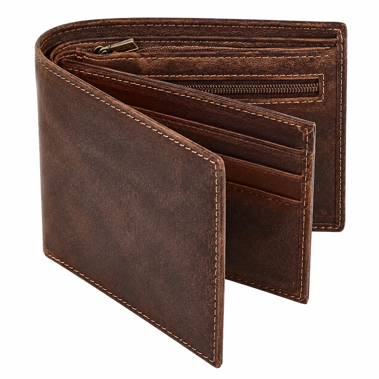 Geldbörse 12 x 9.5 x 2 cm aus braunem Leder mit Kartenfächern und Reißverschlussfach