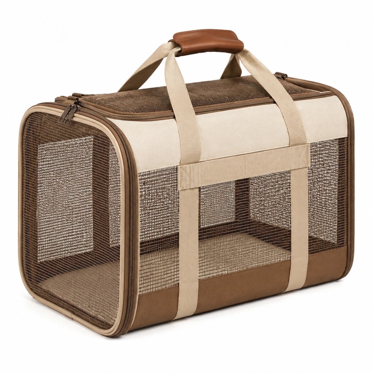 Haustier-Transporttasche 45 x 28 x 30 cm aus Textilgewebe und Netzgewebe Beige Braun faltbar