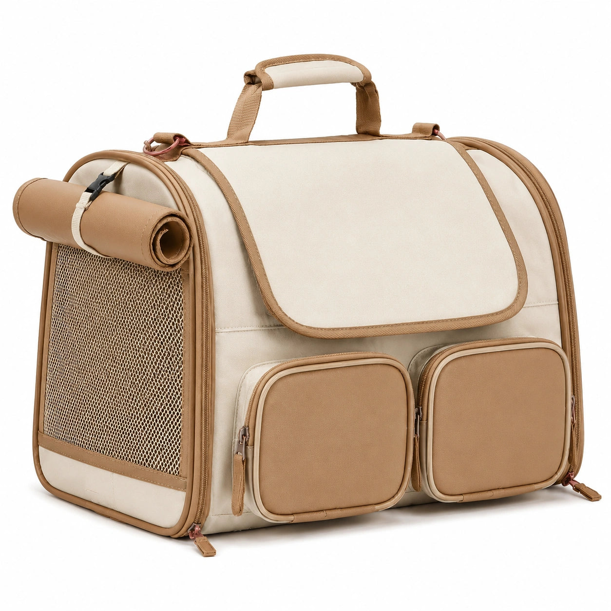 Haustier-Transporttasche 45 x 28 x 35 cm aus Textil in Beige faltbar mit Netzfenster