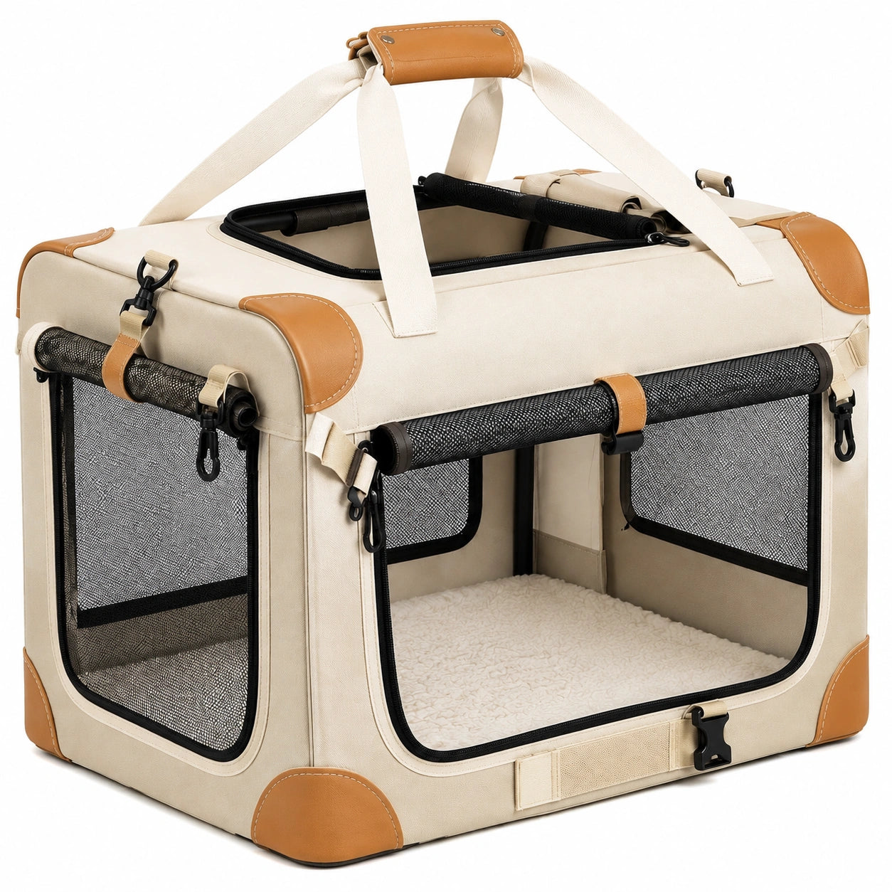 Haustier-Transportbox 60 x 42 x 42 cm aus Textil in Beige mit Netzfenstern faltbar