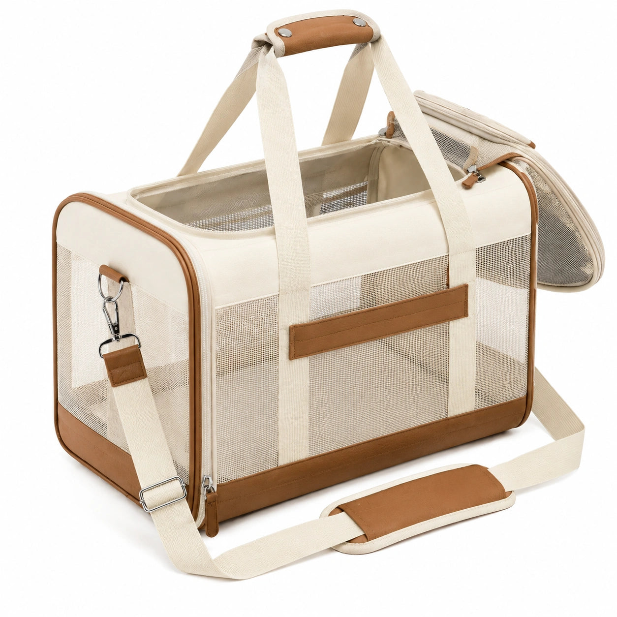 Haustier-Transporttasche 45 x 28 x 30 cm aus Textil in Cremebraun mit Netzfenstern