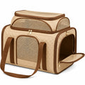 Haustier Transporttasche 45 x 28 x 30 cm aus Polyester Beige Braun mit Netzfenstern und Schultergurt
