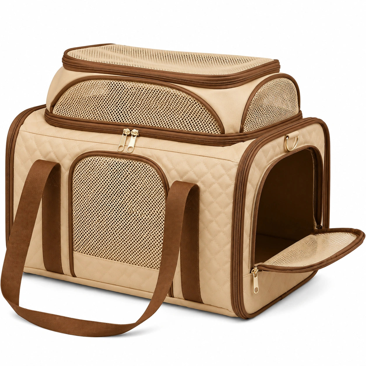 Haustier Transporttasche 45 x 28 x 30 cm aus Polyester Beige Braun mit Netzfenstern und Schultergurt