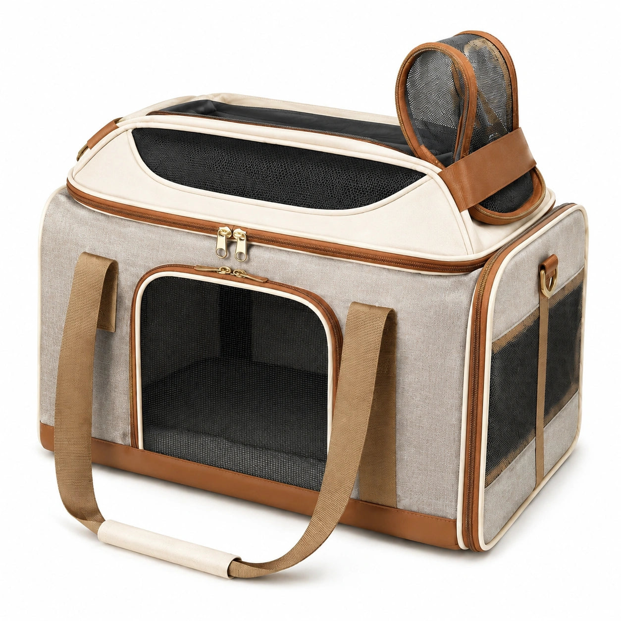 Haustier Transporttasche 48 x 30 x 32 cm Textil Beige Braun mit Netzfenstern