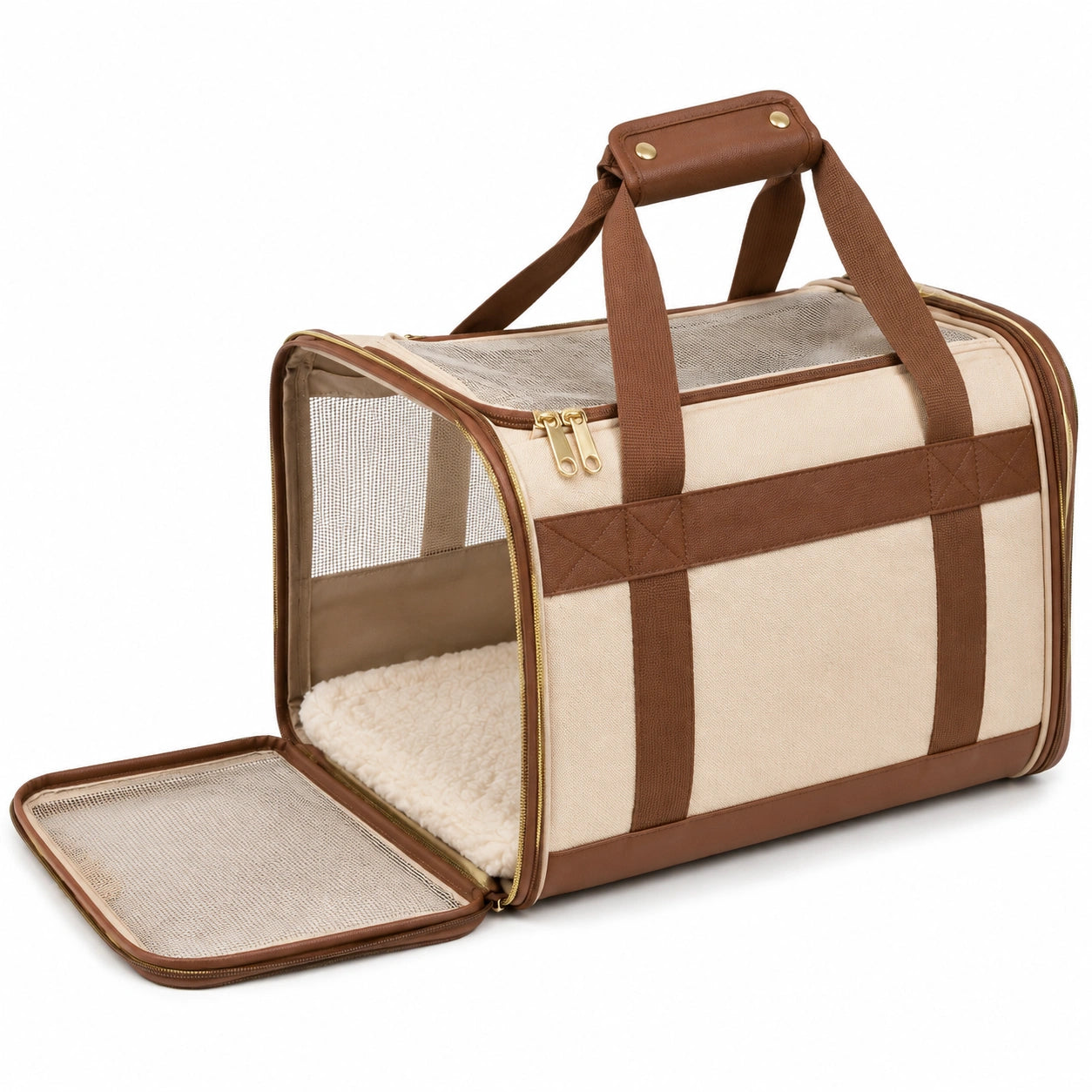 Transporttasche für Haustiere 45 x 28 x 30 cm aus Textil in Beige/Braun mit Netzfenstern