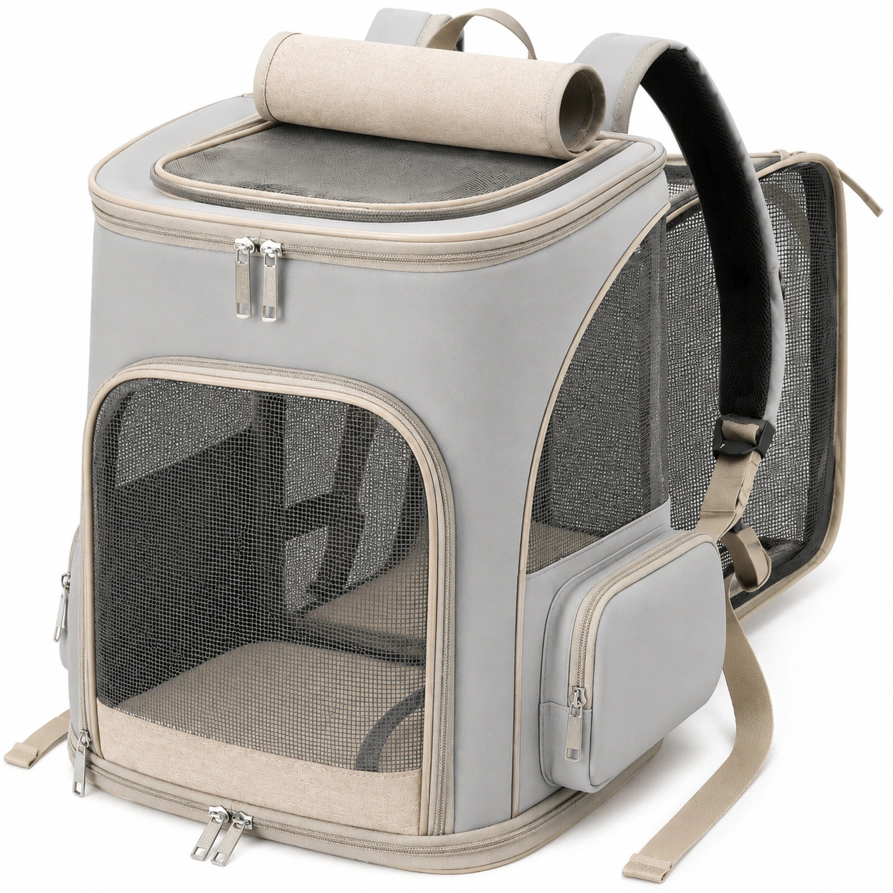 Haustier-Transportrucksack 42 x 30 x 38 cm aus Textil in Grau Beige mit Netzfenstern