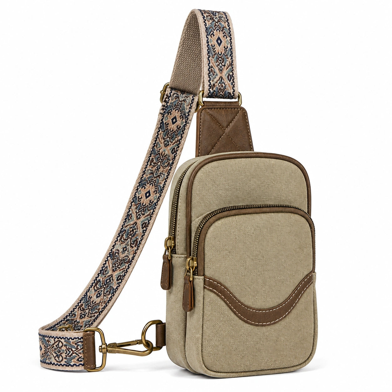 Umhängetasche 18 x 10 x 31 cm aus Textil in Beige mit Muster und Reißverschluss